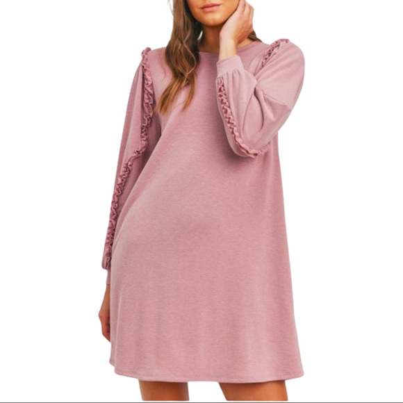 French Terry Long Balloon Sleeves Tunic Mini Dress - Picture 2 of 8